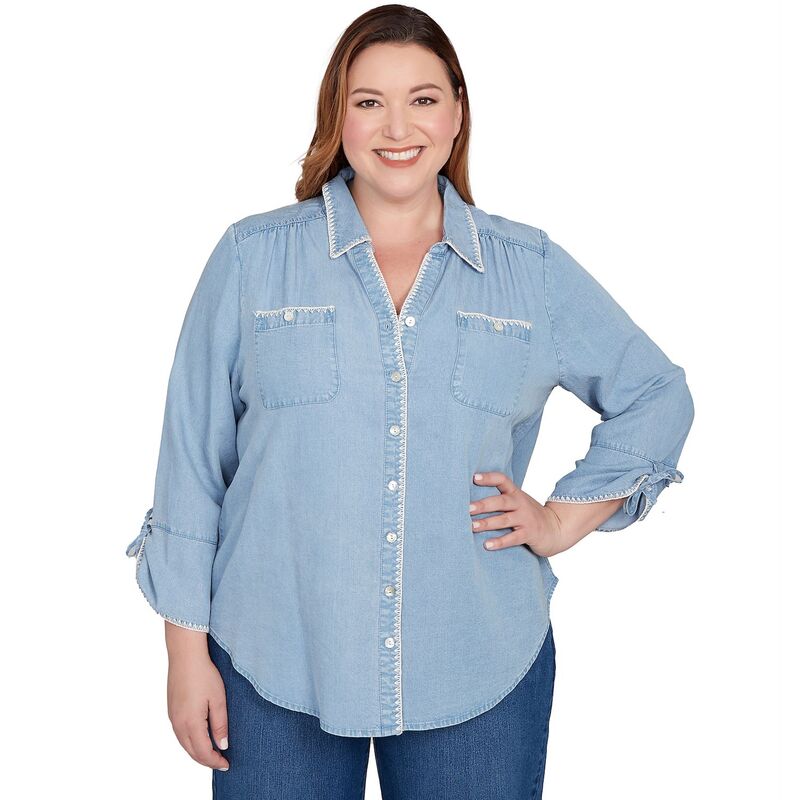 アルフレッド ダナー レディース トップス シャツ プラスサイズ Plusize Alfredunner Blanket Stitch Trim Button-Frontop Light Denim デニム