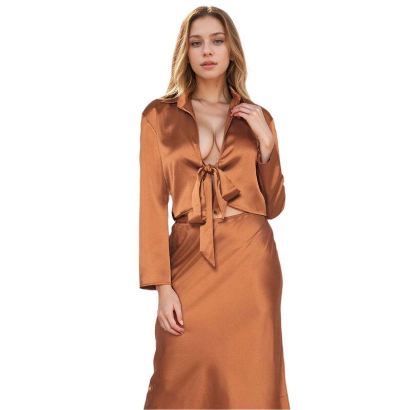 プレイオネ レディース トップス シャツ サテン Pleione Long Sleeve Collared Tie Front Shirt In Satin Brown ブラウン｜ReVida 店