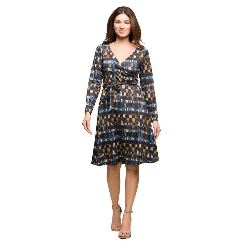 24 セブンコンフォート レディース トップス ワンピース プリント Women's 24Seven Comfort Apparel Print Long Sleeve Wrap Dress with Belt Brown Multi ブラウン｜ReVida 店