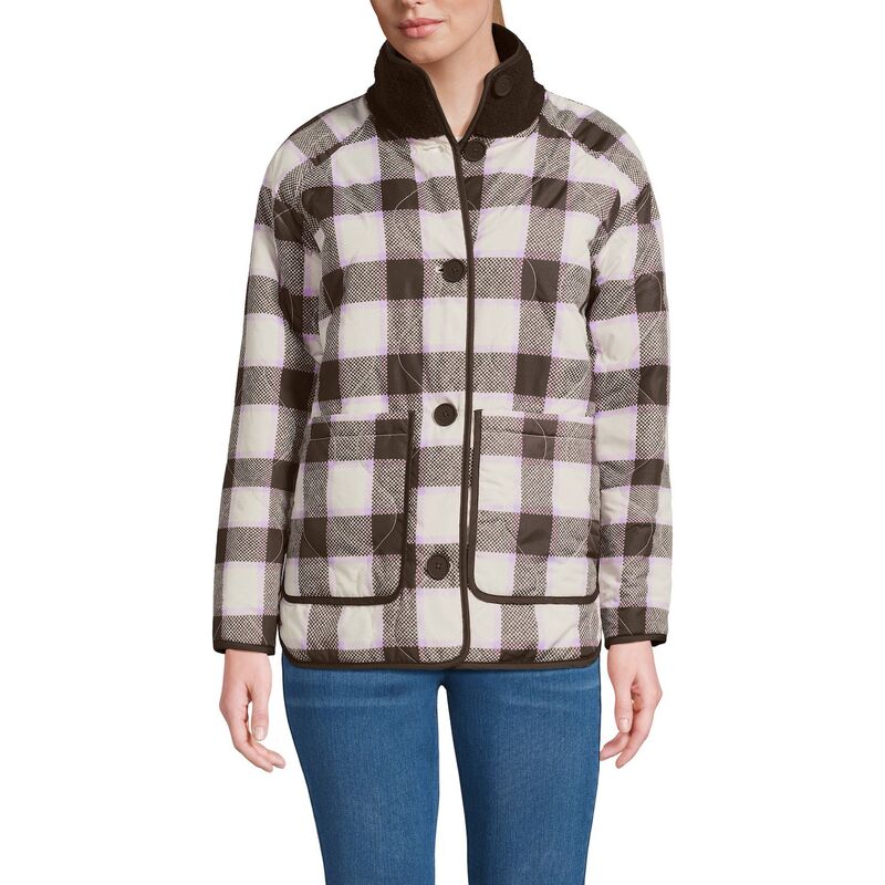 ランズエンド レディース アウター ジャケット・ブルゾン フリース Women's Lands' End Mixed Media Reversible Long Sherpa Fleece Jacket Coffee Brown Check ブラウン