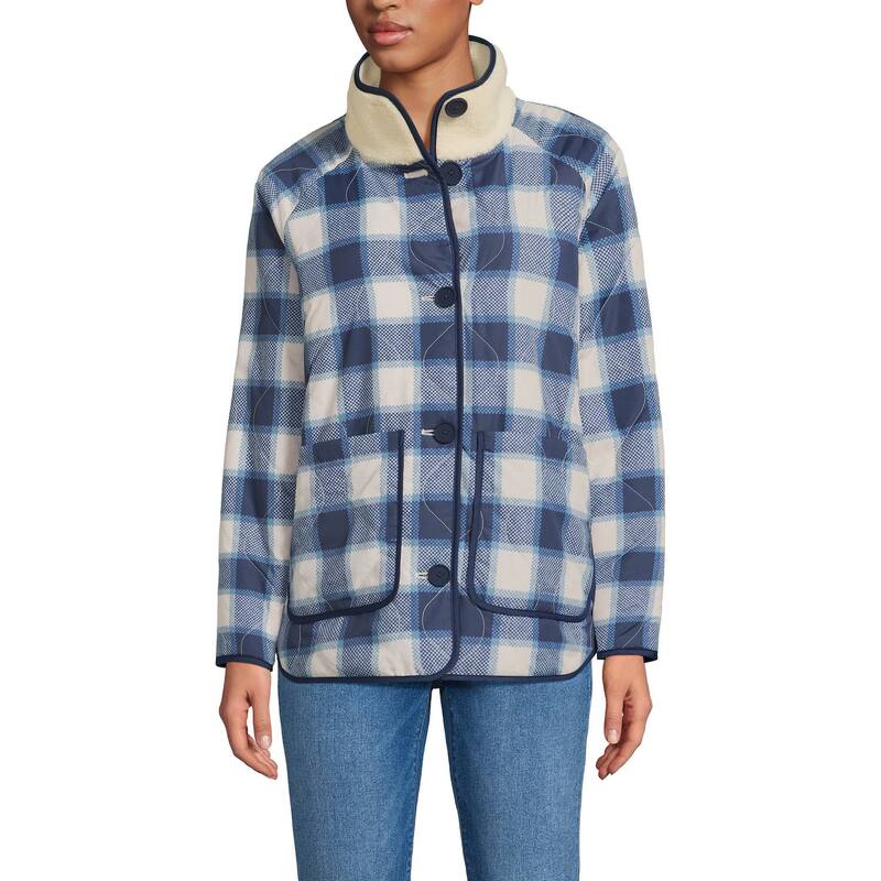 ランズエンド レディース アウター ジャケット・ブルゾン フリース Women's Lands' End Mixed Media Reversible Long Sherpa Fleece Jacket Ivory Navy Check アイボリー