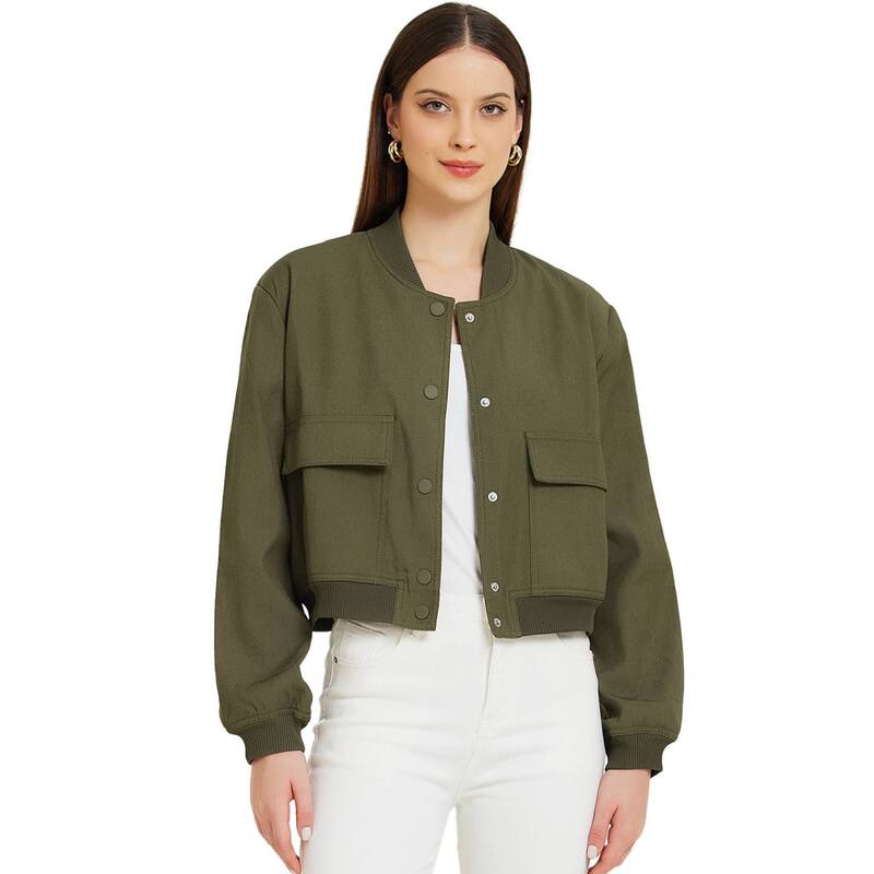 アレグラ ケー レディース アウター ジャケット・ブルゾン ボタンダウン コート ダウン クロップド ALLEGRA K Button Down Bomber Jacket for Women'stand Collar Long Sleeve Casual Cropped Coat Outwearmy Green グリーン