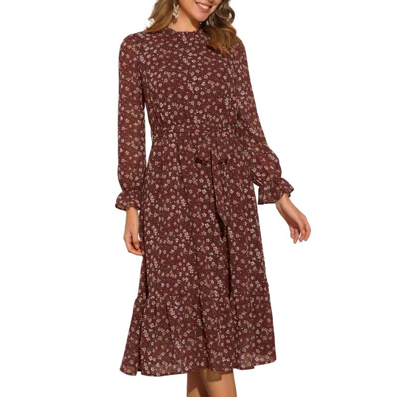 アレグラ ケー レディース トップス ワンピース モックネック シフォン フラワー柄 ミディ フラワー ALLEGRA K Floral Mock Neck Dress for Women's Long Sleevelastic Waist Flowy Chiffon Midi Dresses Wine Red レッド