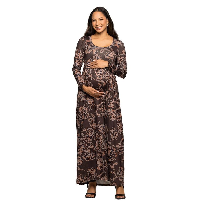 24 セブンコンフォート レディース トップス ワンピース フラワー柄 マタニティ マキシ フラワー Maternity 24Seven Comfort Apparel Floralong Sleeve Scoop Neck Maxi Dress Brown Multi ブラウン