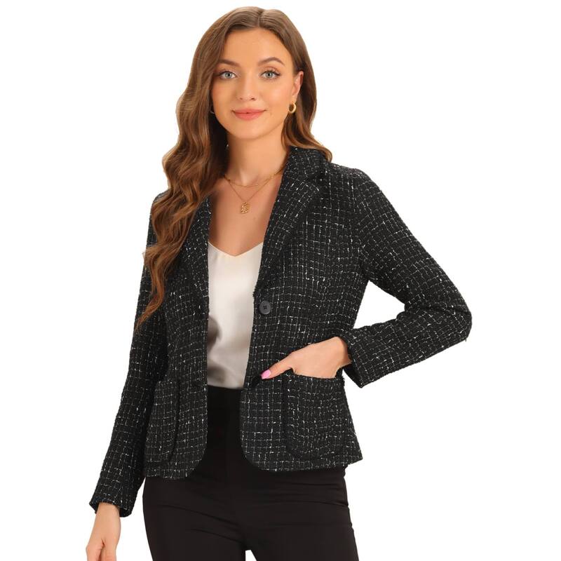 アレグラ ケー レディース アウター ジャケット・ブルゾン ツイード ブレザー ALLEGRA K Plaid Tweed Jacket for Women's Notch Lapel Button Elegant Long Sleeve Blazer Jackets Black ブラック