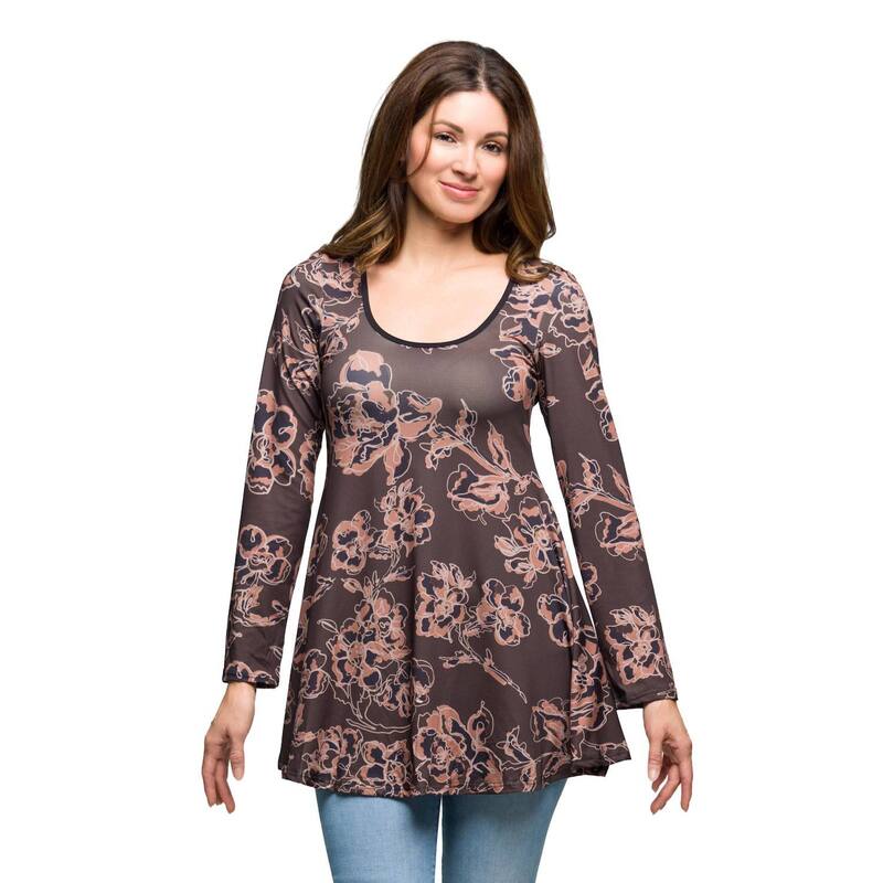 24 セブンコンフォート レディース トップス プルオーバー 刷り上げる Women\u0027s 24Seven Comfort Apparel Print Long Sleeve Tunic Top Brown Multi 赤銅色