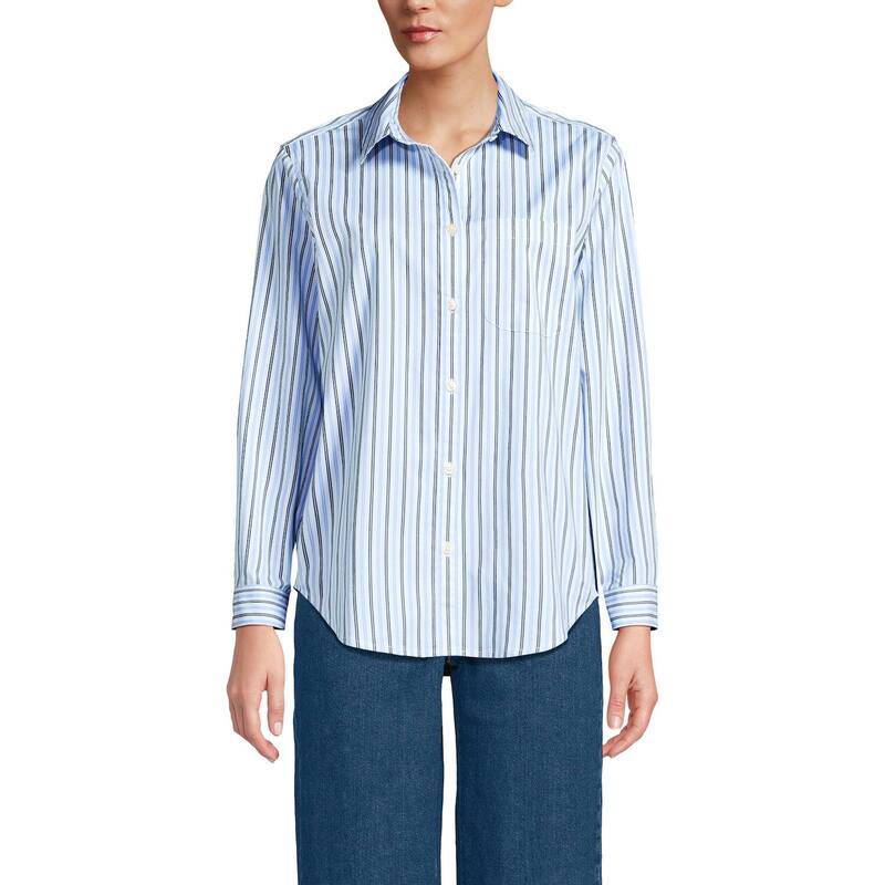 ランズエンド レディース トップス シャツ Women's Lands' End Cooling Button-Front Shirt Navy Blue Sky Stripe ネイビー