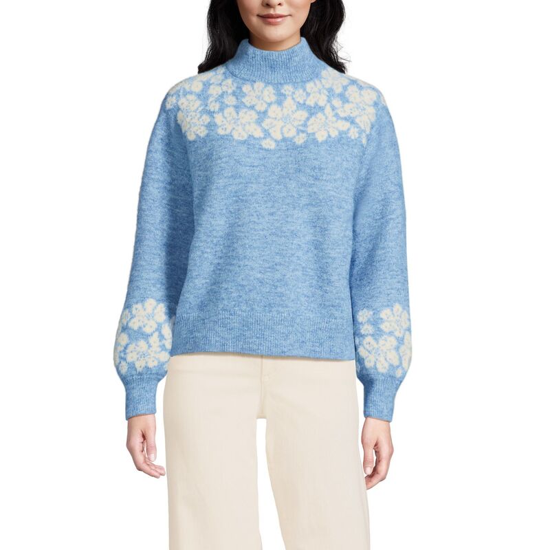 ランズ挙げ句の果て レディース トップス プルオーバー タートルネック スウェーター Women\u0027s Lands\u0027 End Fuzzy Turtleneck Lantern Sleeve Jacquard Sweater Blue Sky Heather ギョリュウモドキ