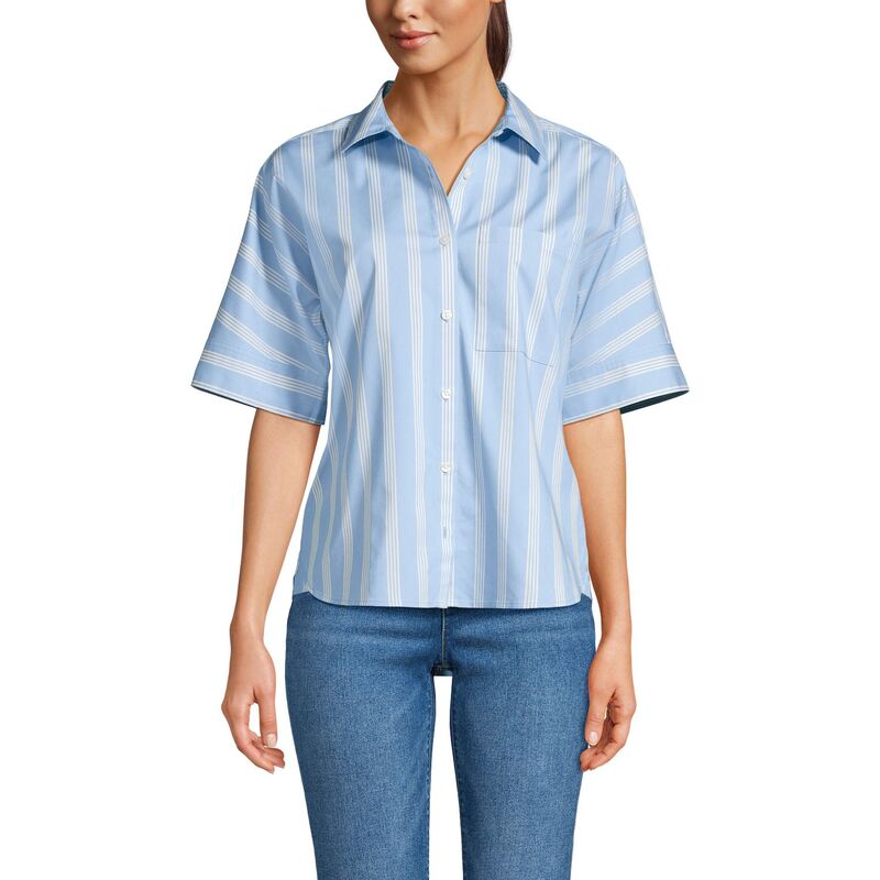 ランズ挙げ句の果て レディース トップス プルオーバー Women\u0027s Lands\u0027 End Cooling Elbow Sleeve Button Front Shirt Blue Sky Stripe 青み