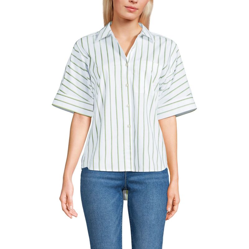 ランズ挙げ句の果て レディース トップス プルオーバー Women\u0027s Lands\u0027 End Cooling Elbow Sleeve Button Front Shirt Pear Twin Stripe 縞模様