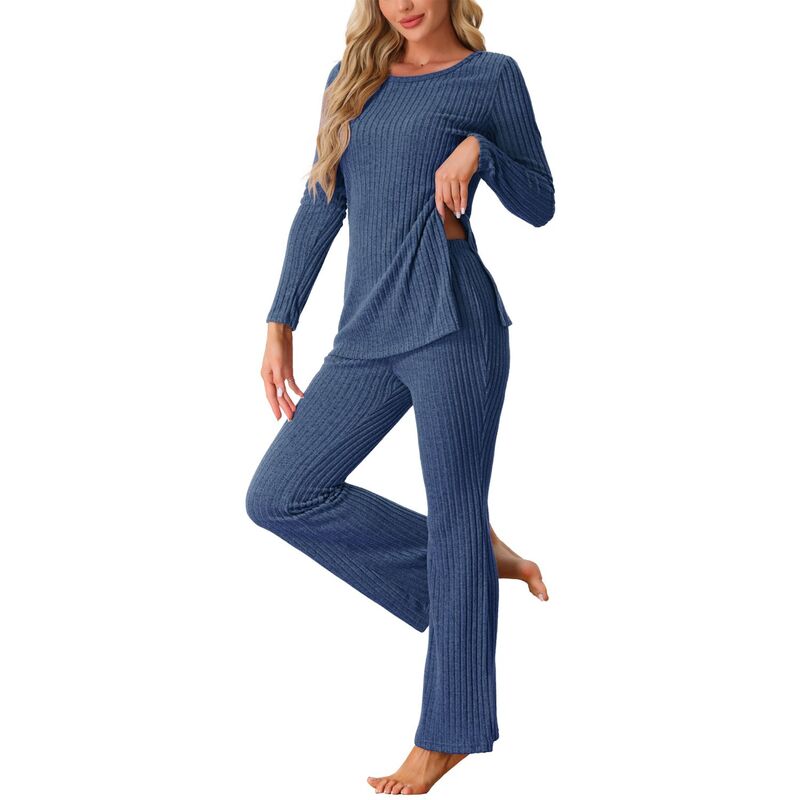 cheibear レディース アンダーウェア ナイトウェア リブ パンツ ニット cheibear Womens Ribbed Knit Long Sleeves Top and Pants Pajama Sets 2pc Outfitset Navy ネイビー｜ReVida 店