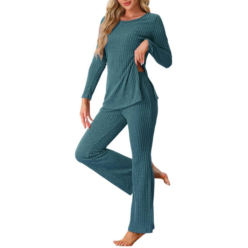 cheibear レディース アンダーウェア ナイトウェア リブ パンツ ニット cheibear Womens Ribbed Knit Long Sleeves Top and Pants Pajama Sets 2pc Outfitset Peacock Blue ブルー