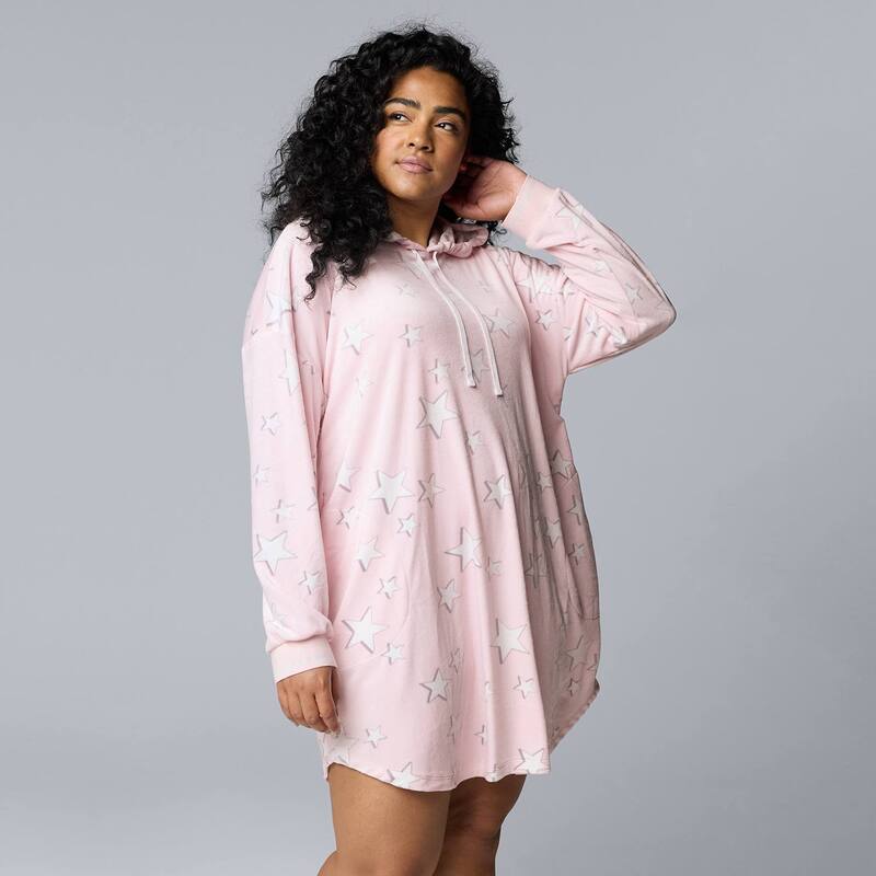 ヴェラウォン レディース アンダーウェア ナイトウェア プラスサイズ シャツ Plusize Simply Vera Wang Long Sleeve Hooded Sleepshirt Blush Stars ブラッシュ