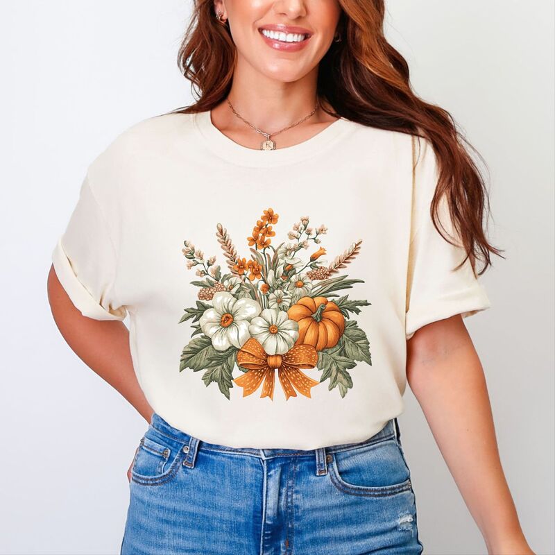 Simply Sage Market レディース トップス ティーシャツ お花柄 お花 グラフィック Simply Sage Market Coquette Orange Bow Fall Floral - Women\u0027s Garment Dyed Graphic T-Shirt Ivory 象牙色 レディースファッション-トップス-Tシャツ・カットソー