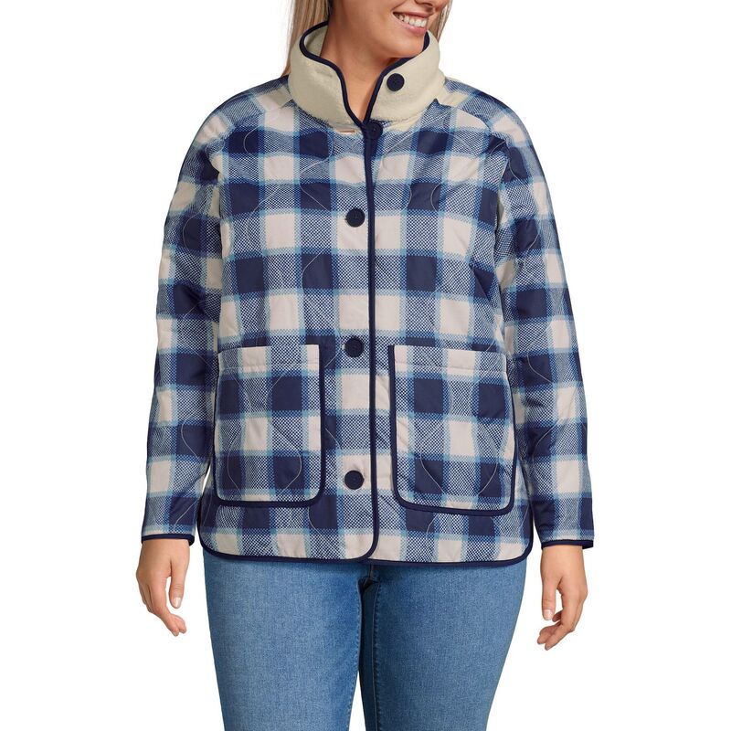 ランズエンド レディース アウター ジャケット・ブルゾン プラスサイズ フリース Plusize Lands' End Sherpa Fleece Reversible Mixed Media Long Jacket Ivory Navy Check アイボリー
