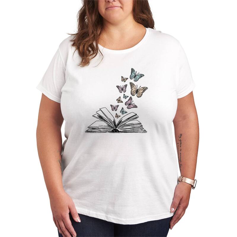 アニメキャラクター レディース トップス Tシャツ プラスサイズ グラフィック Licensed Character Plusize Butterfly Book Graphic Tee White ホワイト