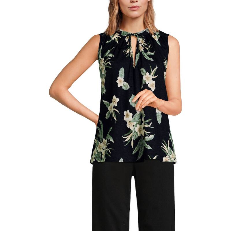 ランズ挙げ句の果て レディース トップス プルオーバー Women\u0027s Lands\u0027 End Notch Neck Swing Tank Top Black Plumeria 黒いこと