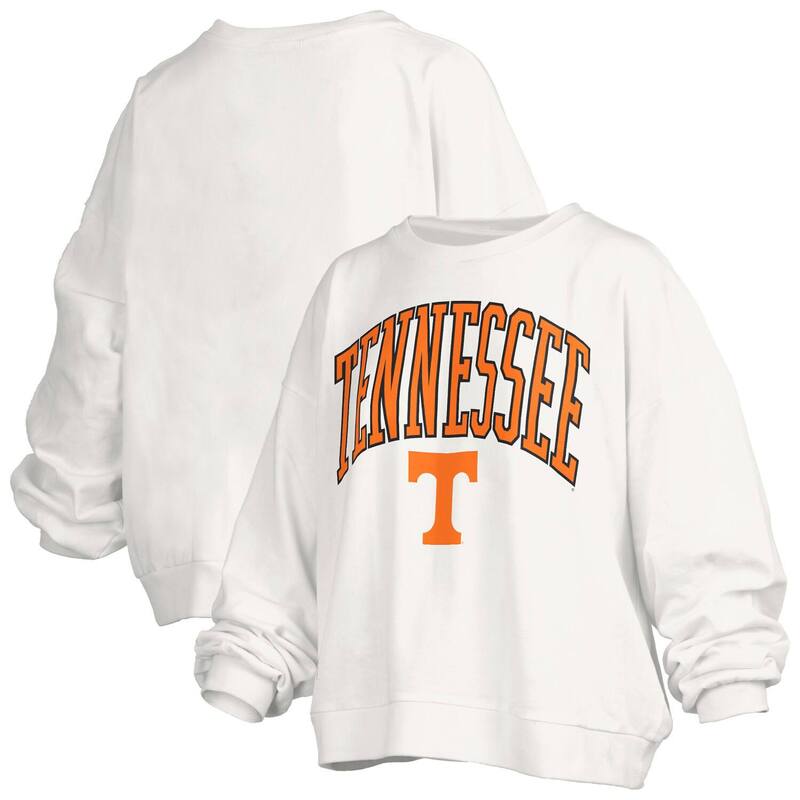 押し付けるボックス席 レディース トップス プルオーバー 流汗 ロゴタイプ Women\u0027s Pressbox Whitennessee Volunteers Janise Arch Over Logo Waist Length Oversized Pullover Sweatshirten White 白いこと