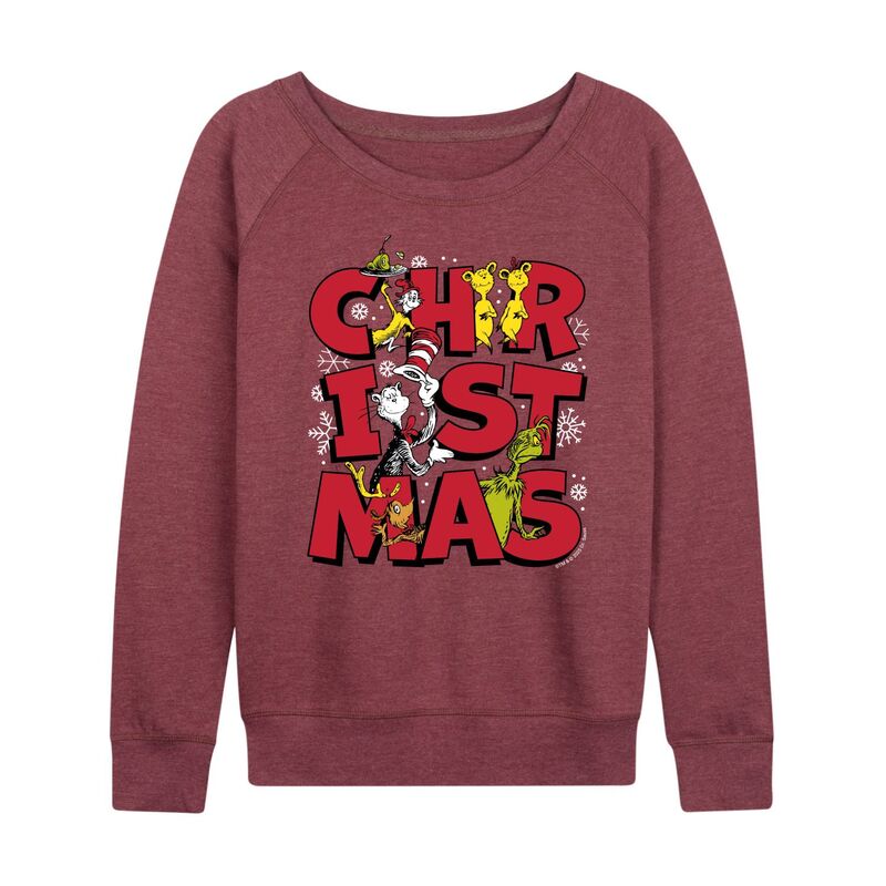 アニメキャラクター レディース トップス Tシャツ パイル グラフィック Licensed Character Women's Dr. Seuss Characters French Terry Long Sleeve Graphic Tee Heather Maroon ヘザー