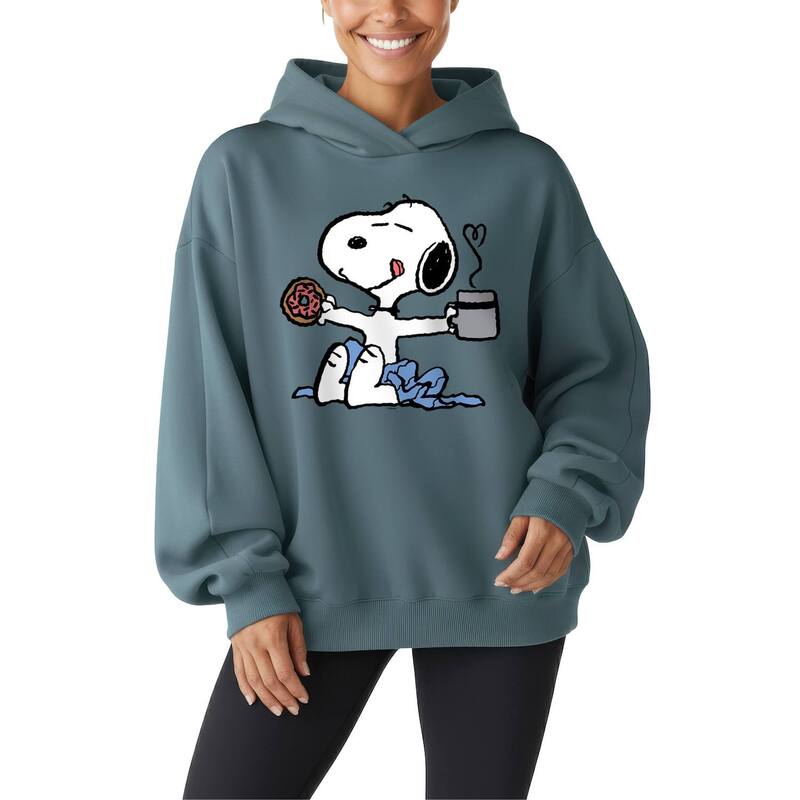 アニメキャラクター レディース トップス Tシャツ スウェット フリース パーカー Licensed Character Women's Peanutsnoopy Donut & Coffee Oversized Fleece Hoodie Sweatshirt Flint Blue ブルー