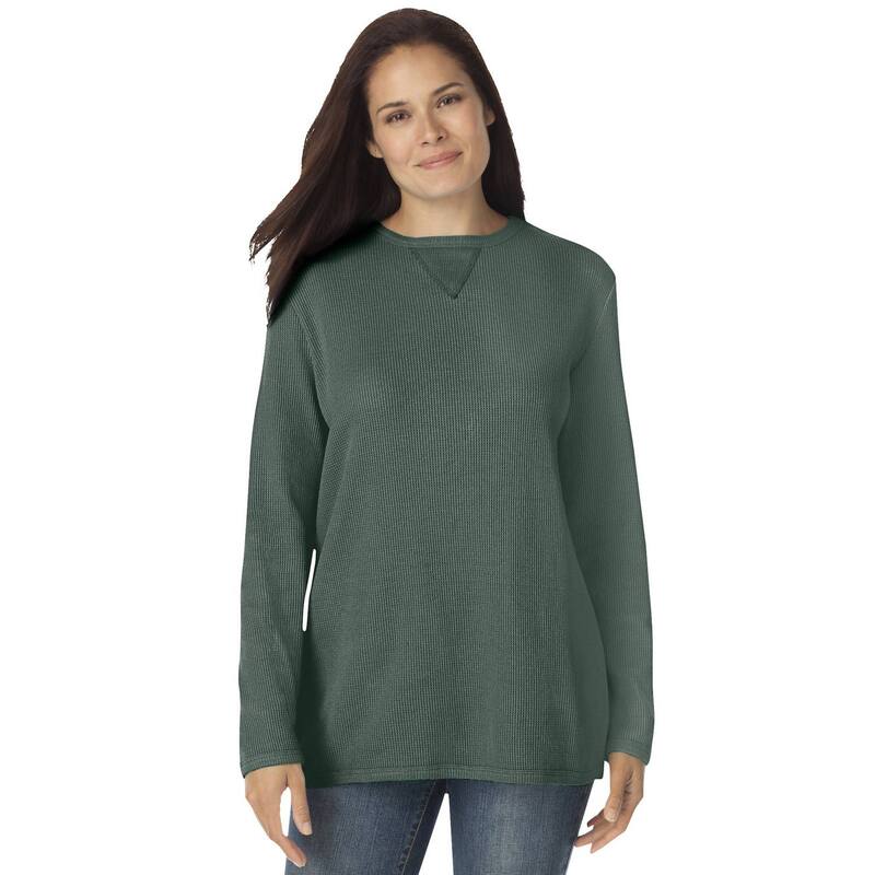 ウーマン ウィズイン レディース トップス Tシャツ プラスサイズ スウェット Woman Within Plusize Ultra Soft Waffle Thermal Sweatshirt Pine｜ReVida 店