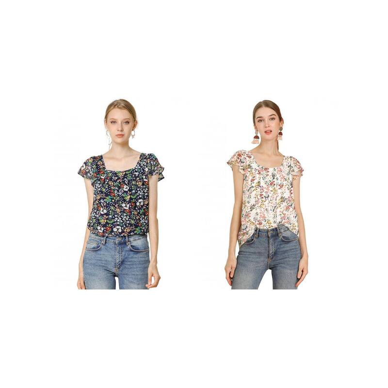アレグラ ケー レディース トップス シャツ ヴィンテージ シフォン フラワー柄 プリント フリル ブラウス フラワー ALLEGRA K 2 Packs Women's Chiffon Ruffle Sleeve Vintage Layered Floral Print Blouse Tops White Navy Blue ホワイト