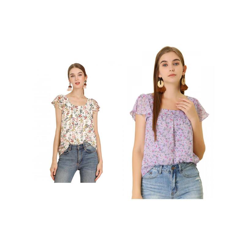 アレグラ ケー レディース トップス シャツ ヴィンテージ シフォン フラワー柄 プリント フリル ブラウス フラワー ALLEGRA K 2 Packs Women's Chiffon Ruffle Sleeve Vintage Layered Floral Print Blouse Tops White Purple ホワイト