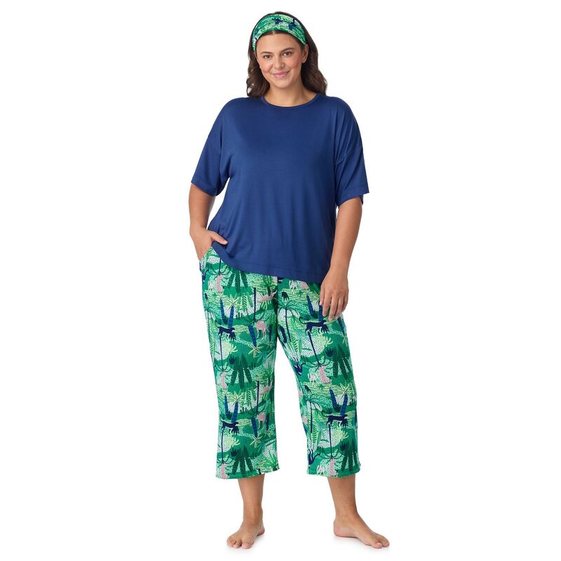 クドルドッズ レディース アンダーウェア ナイトウェア プラスサイズ パンツ キャップ Plusize Cuddl Duds Cozy Short Sleeve Pajama Top & Capri Pajama Pantset witheadband Green Jungle Cheetah グリーン