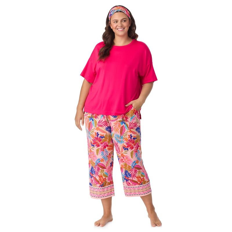 クドルドッズ レディース アンダーウェア ナイトウェア プラスサイズ パンツ キャップ Plusize Cuddl Duds Cozy Short Sleeve Pajama Top & Capri Pajama Pantset witheadband Pink Tropical Border ピンク