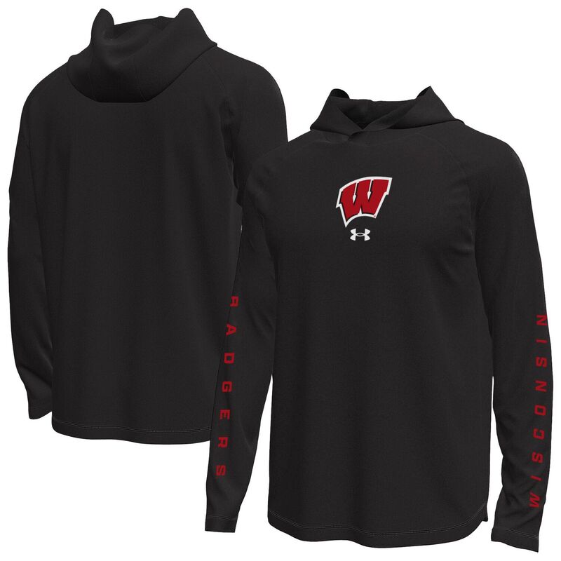 アンダーアーマー メンズ トップス Tシャツ 長袖 Men's Under Armour Black Wisconsin Badgers Tech Stretch Long-Sleeve Hooded T-Shirt Wis Black ブラック 11,886円