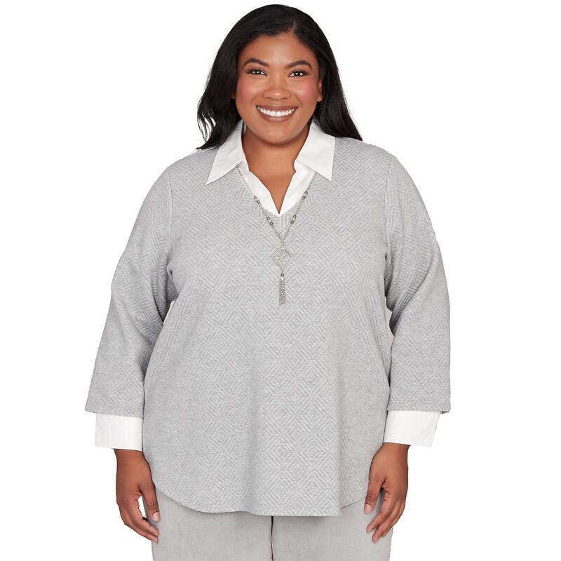 アルフレッド ダナー レディース トップス シャツ プラスサイズ レース Plusize Alfredunner Diamond Jacquard Two-in-One Top with Necklace Pewter ピューター