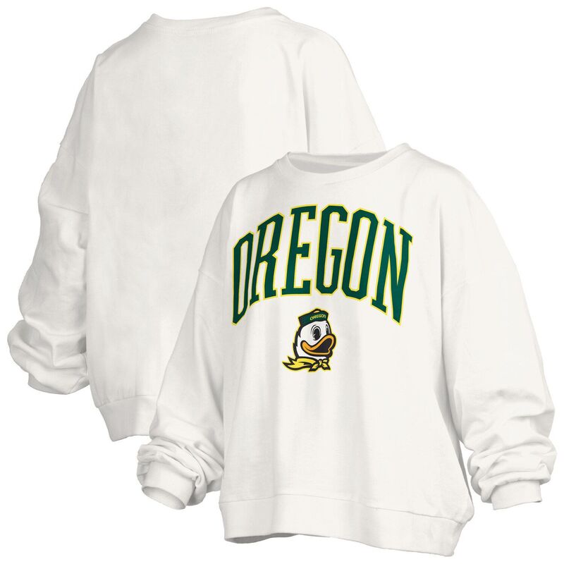 プレスボックス レディース トップス Tシャツ スウェット ロゴ Women's Pressbox White Oregon Ducks Janise Arch Over Logo Waist Length Oversized Pullover Sweatshirt Uoo White ホワイト