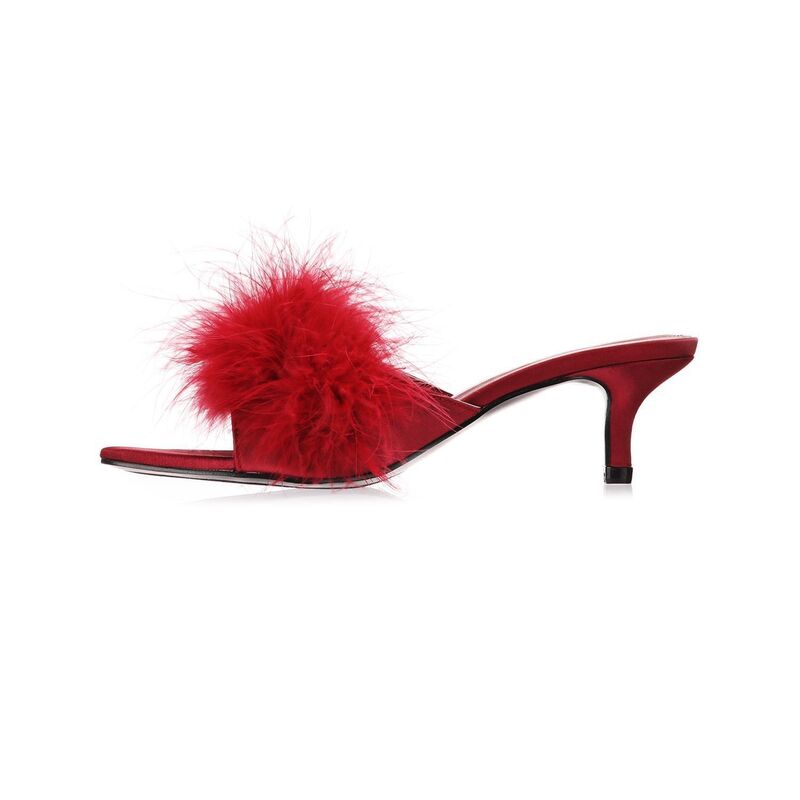 メモイ レディース シューズ サンダル ヒール MeMoi Women's Mona Marabou Hard Sole Slender Heel Slippered レッド
