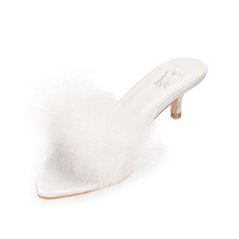 メモイ レディース シューズ サンダル ヒール MeMoi Women's Mona Marabou Hard Sole Slender Heel Slipper White ホワイト