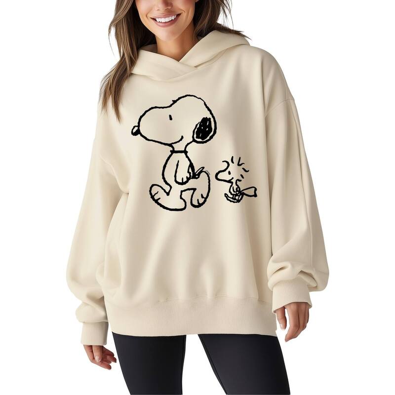 アニメキャラクター レディース トップス Tシャツ スウェット フリース パーカー Licensed Character Women's Peanutsnoopy & Woodstock Oversized Fleece Hoodie Sweatshirt Cream クリーム|ReVida 店