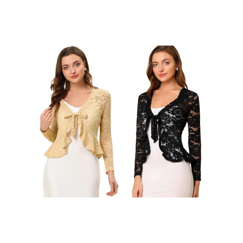 アレグラ ケー レディース トップス シャツ フラワー柄 フリル シアー カーディガン レース フラワー ALLEGRA K 2 Packs Women's Tie Front Crop Cardigan Ruffled Hem Floralace Sheer Shrugs Black Beige ブラック