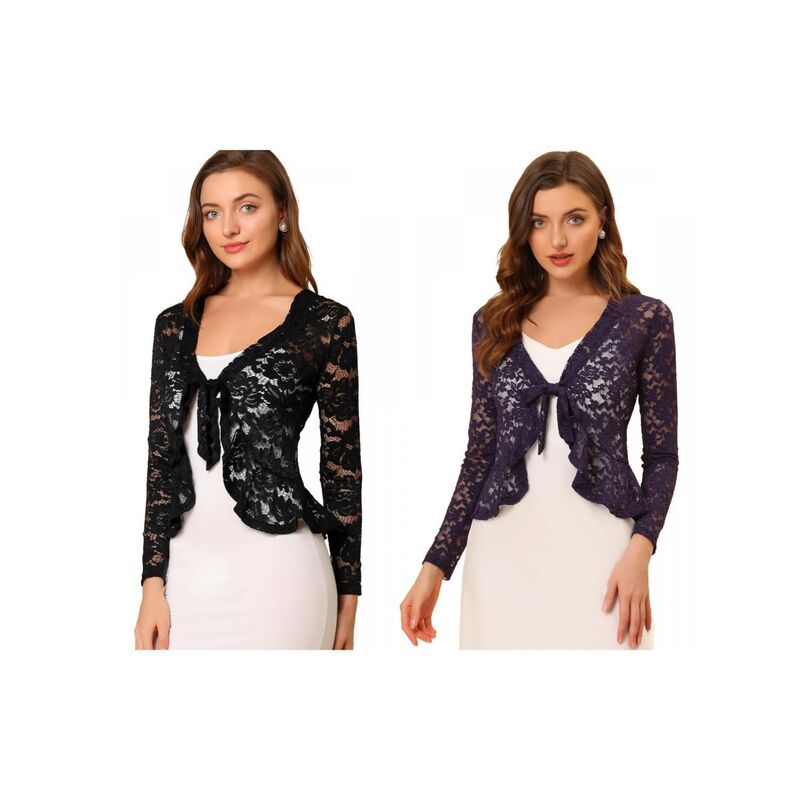 アレグラ ケー レディース トップス シャツ フラワー柄 フリル シアー カーディガン レース フラワー ALLEGRA K 2 Packs Women's Tie Front Crop Cardigan Ruffled Hem Floralace Sheer Shrugs Black Purple ブラック