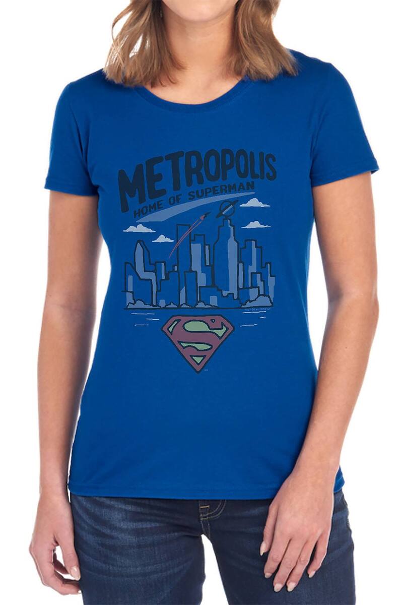 アニメキャラクター レディース トップス Tシャツ グラフィック Licensed Character Juniors' Superman Metropolis Graphic Tee Dark Blue ブルー