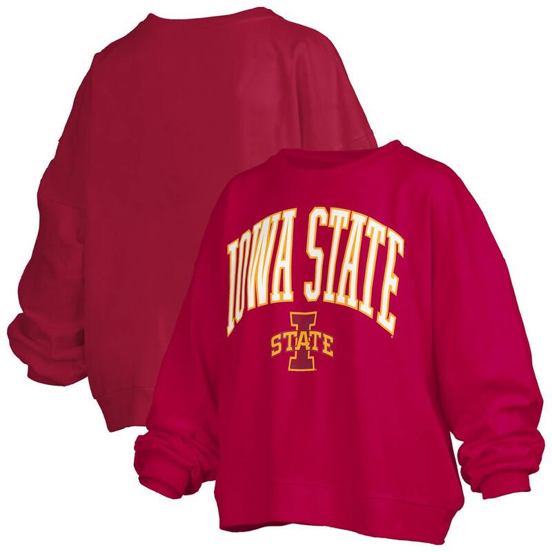 押し付けるボックス席 レディース トップス プルオーバー 流汗 ロゴタイプ Women\u0027s Pressbox Cardinal Iowa State Cyclones Janise Arch Over Logo Waist Length Oversized Pullover Sweatshirt Isu Red 赤いこと