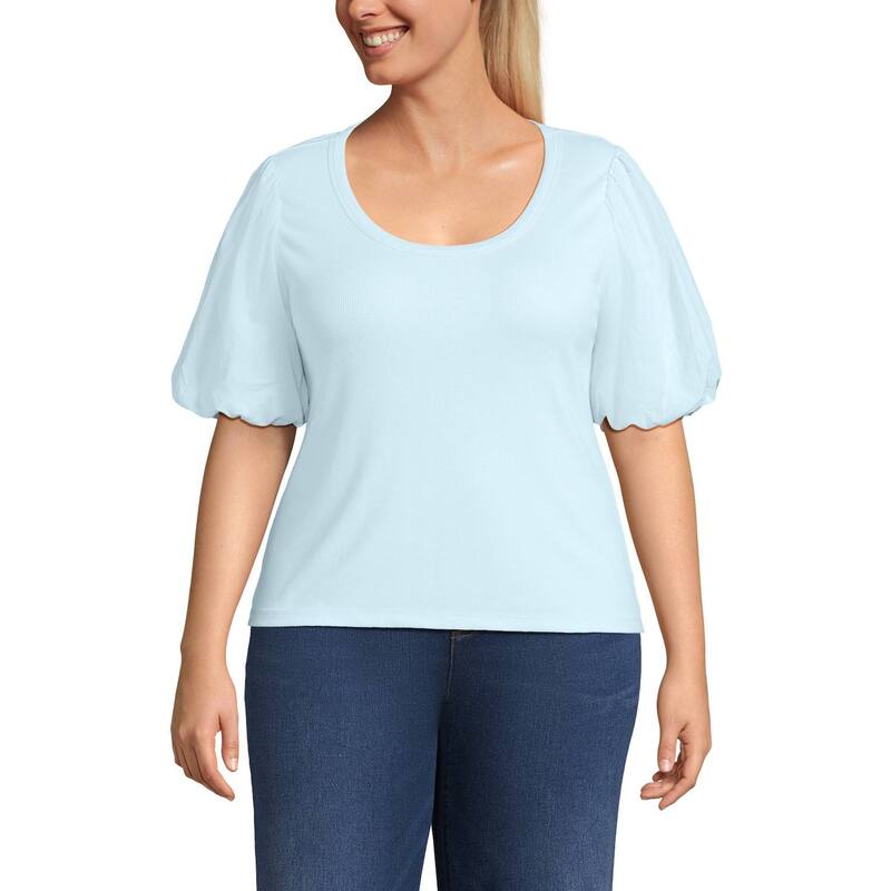 ランズエンド レディース トップス Tシャツ プラスサイズ Plusize Lands' End Short Sleeve Drapey Rib Puff Sleeve Scoop Neck Top Soft Ice Blue ブルー