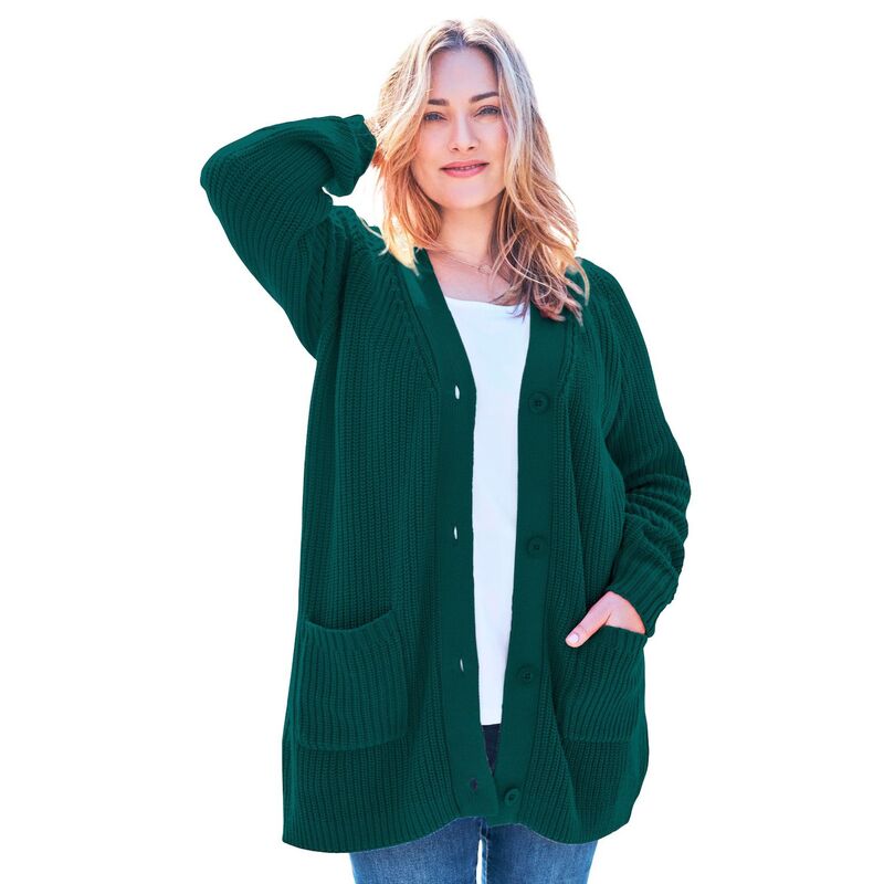 ウーマン ウィズイン レディース アウター ニット・セーター プラスサイズ カーディガン Woman Within Plusize Button-Front Shaker Cardigan Emerald Green グリーン｜ReVida 店