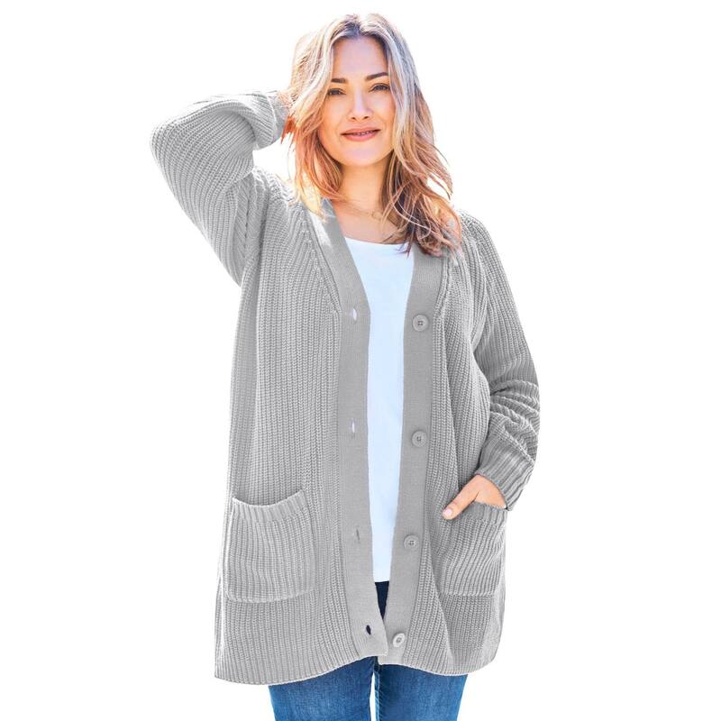 成人女性 ウィズはたご屋 レディース アウター 編み物・プルオーバー 付け加える大いさ ジレー Woman Within Plusize Button-Front Shaker Cardigan Heather Grey 薄墨色 レディースファッション-トップス