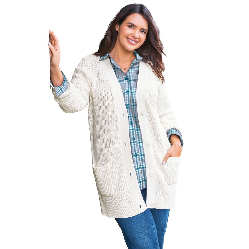 ウーマン ウィズイン レディース アウター ニット・セーター プラスサイズ カーディガン Woman Within Plusize Button-Front Shaker Cardigan Ivory アイボリー｜ReVida 店
