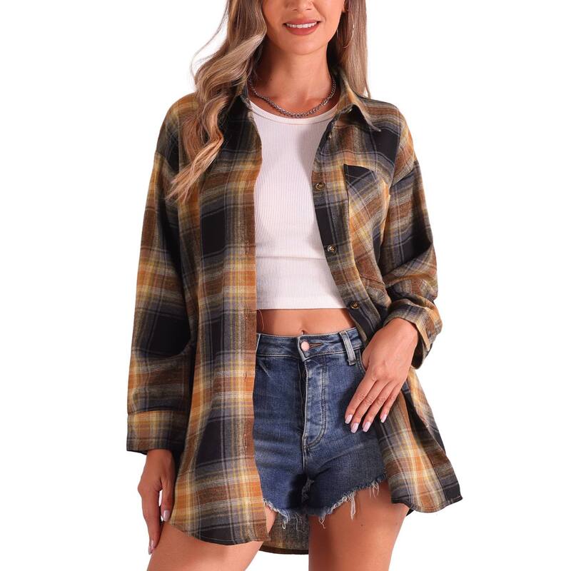 アレグラ ケー レディース トップス シャツ ヴィンテージ カーディガン ダウン ブラウス ALLEGRA K Women's Vintage Plaid Flannel Shirt Long Sleeve Button Turn Down Collar Blouses Tops Casual Cardigan Black Caramel ブラック
