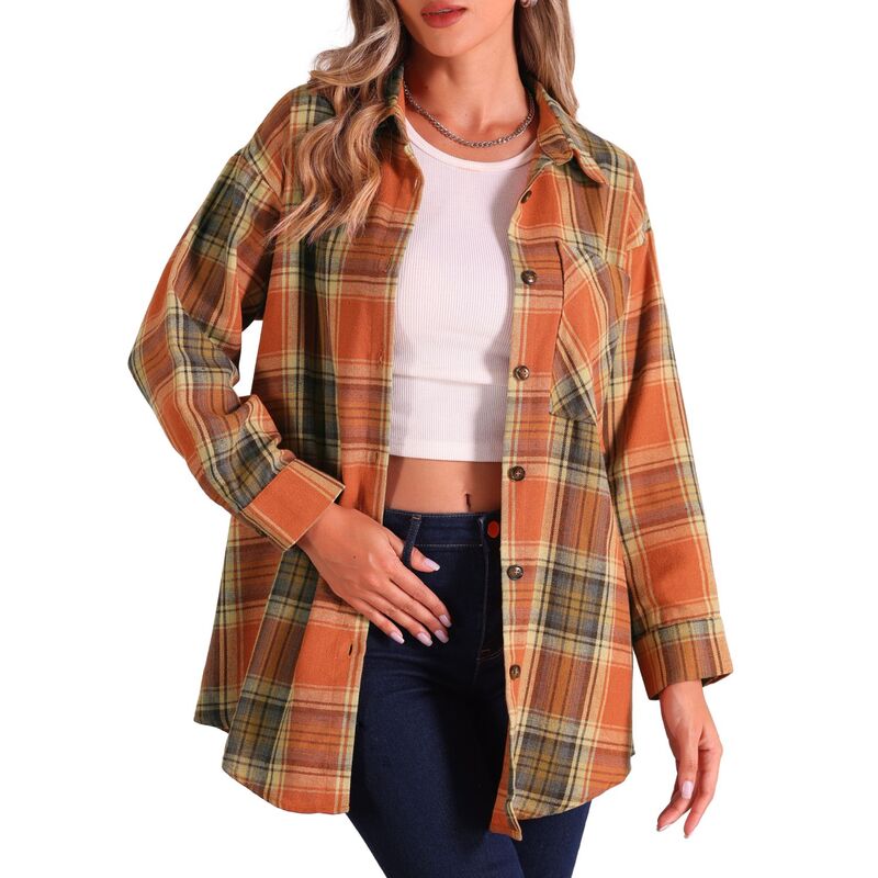 アレグラ ケー レディース トップス シャツ ヴィンテージ カーディガン ダウン ブラウス ALLEGRA K Women's Vintage Plaid Flannel Shirt Long Sleeve Button Turn Down Collar Blouses Tops Casual Cardigan Orange オレンジ