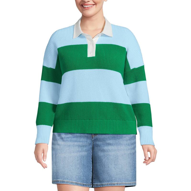 ランズエンド レディース アウター ニット・セーター プラスサイズ Plusize Lands' Endrifter Woven Collarugby Sweater Green Blue Rugby ブルー｜ReVida 店