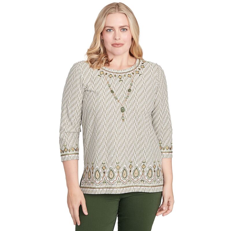 アルフレッド ダナー レディース トップス Tシャツ プチ レース Petite Alfredunner Textured Medallion Bordered Top with Necklace Pine
