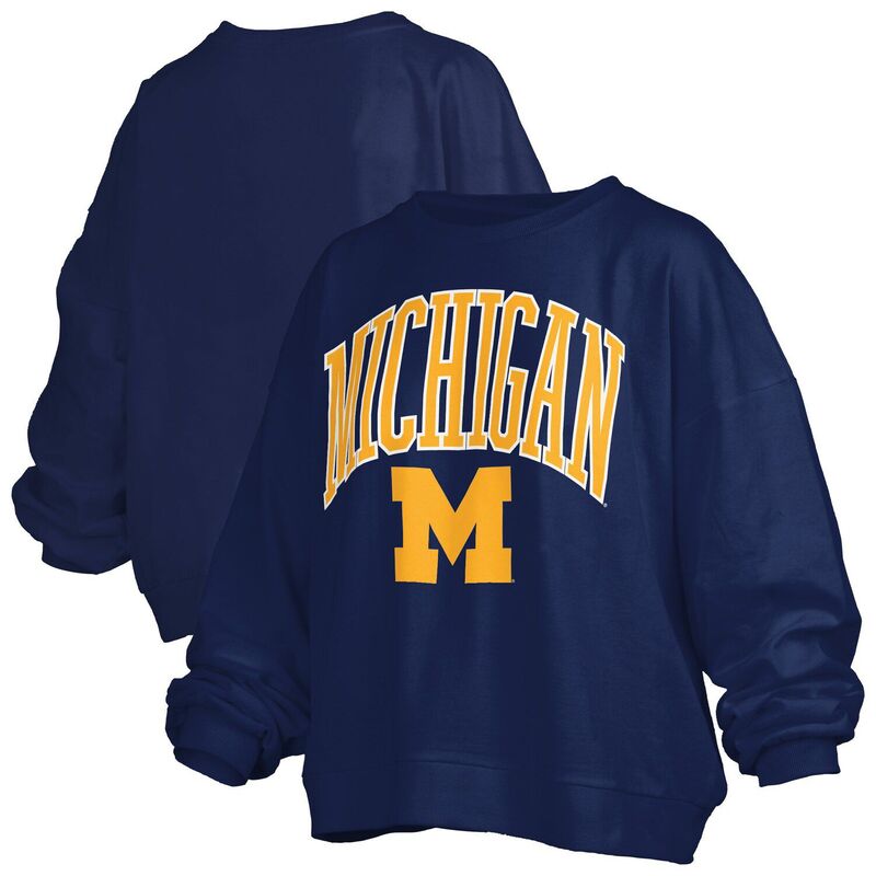 プレスボックス レディース トップス Tシャツ スウェット ロゴ Women\'s Pressbox Navy Michigan Wolverines Janise Arch Over Logo Waist Length Oversized Pullover Sweatshirt Mic Navy ネイビー