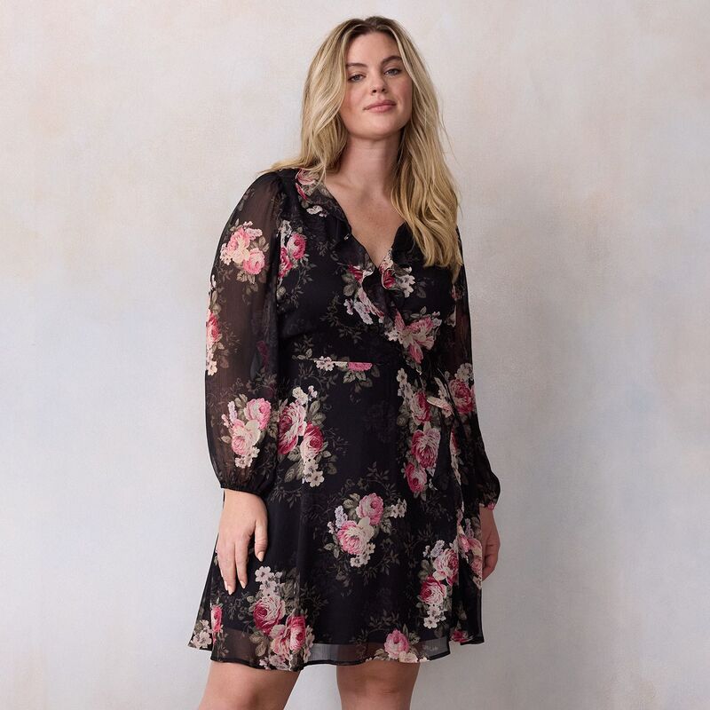 LC Lauren Conrad レディース トップス ワンピース バルーンスリーブ プラスサイズ ミニ Plusize LC Lauren Conrad Balloon Sleeve Wrap Mini Dress Black Nero Blooms ブラック
