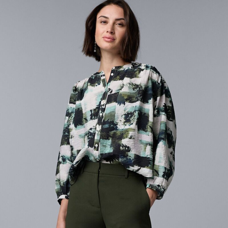 ヴェラウォン レディース トップス シャツ バルーンスリーブ プチ Petite Simply Vera Wang Shirred Balloon Sleeve Shirt Green Blue Floral ブルー